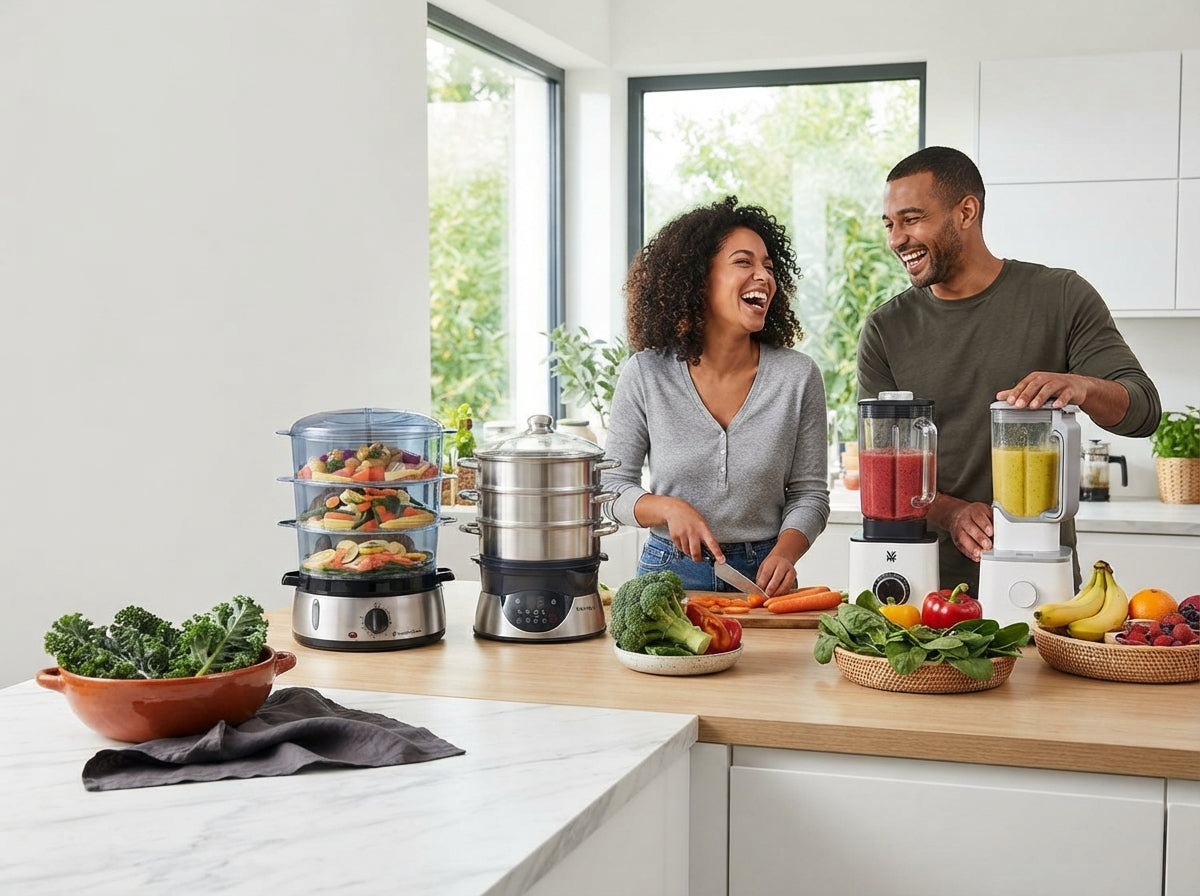 A diverse couple preparing healthy meals in a modern kitchen using various professional food steamers and high-performance bl